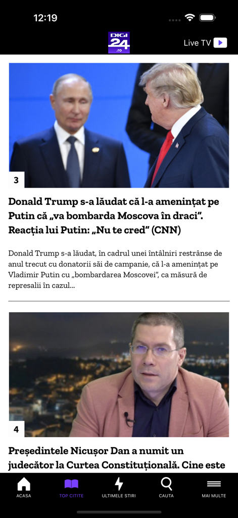 Digi24 - Digi24 mobile app interface showing a news feed with articles in Romanian