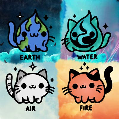 4 cats that represent the different elements, earth, water, air, and fire