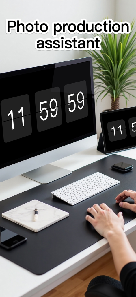 Digital Flip Clock Widgets - Aesthetic minimalist desk setup with digital flip clock widgets on a monitor and tablet