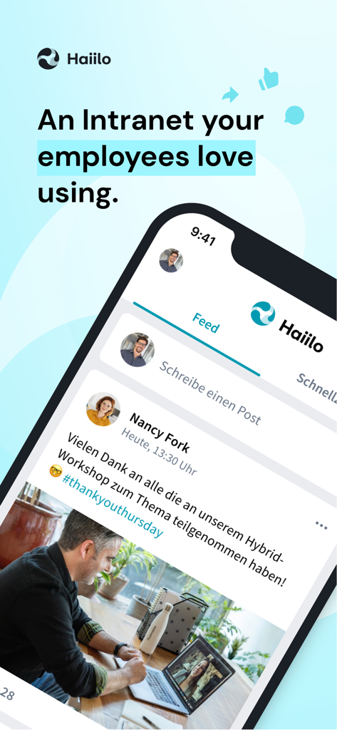 従業員向けのソーシャルイントラネットフィードを表示するHaiiloアプリのインターフェース