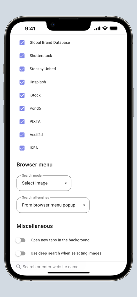 Search by Image for Safari - Écran des paramètres de l'extension Recherche par image pour Safari montrant les options de moteur de recherche et la configuration du navigateur