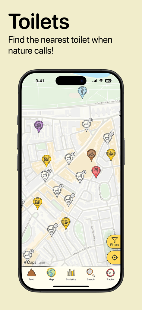 A mobile interface showing a map with various toilet icons to help users find nearby facilities.