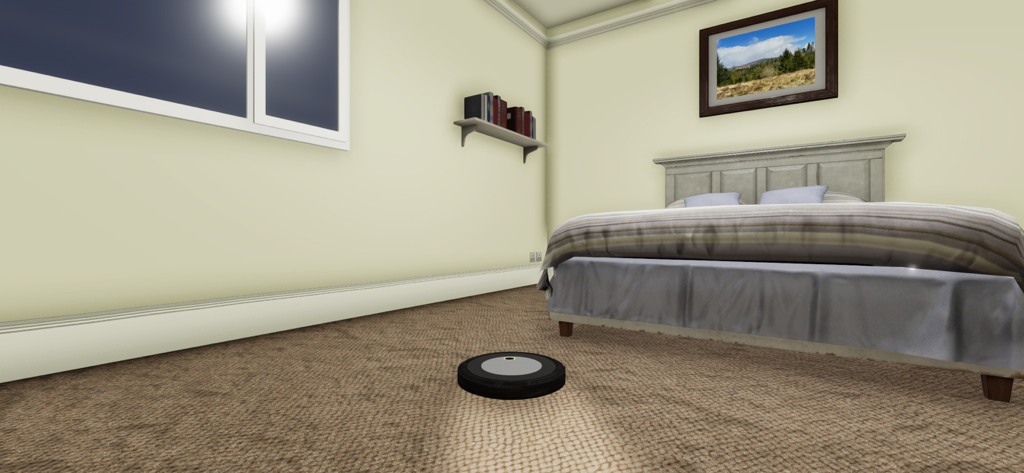 Robot Room Cleaner - A black circular robot vacuum cleaner navigates a carpeted bedroom in the Robot Room Cleaner simulator game
