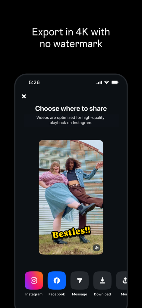 Interface do aplicativo editor de vídeo Edits mostrando opções de compartilhamento e recurso de exportação 4K sem marca d'água.