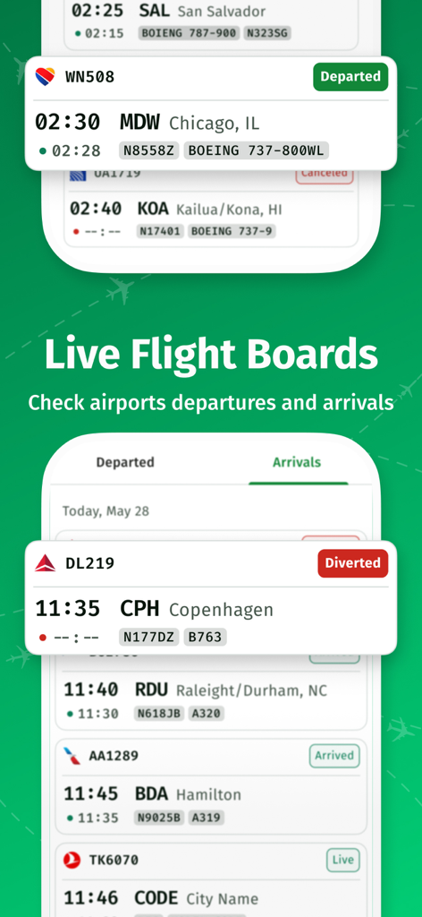 Live airport departure and arrival boards in the AirNav Radar app showing real time flight status