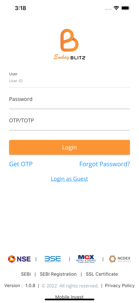 Emkay Blitz - Login page of the Emkay Blitz mobile app featuring fields for User ID, Password, and OTP with stock exchange logos at the bottom.