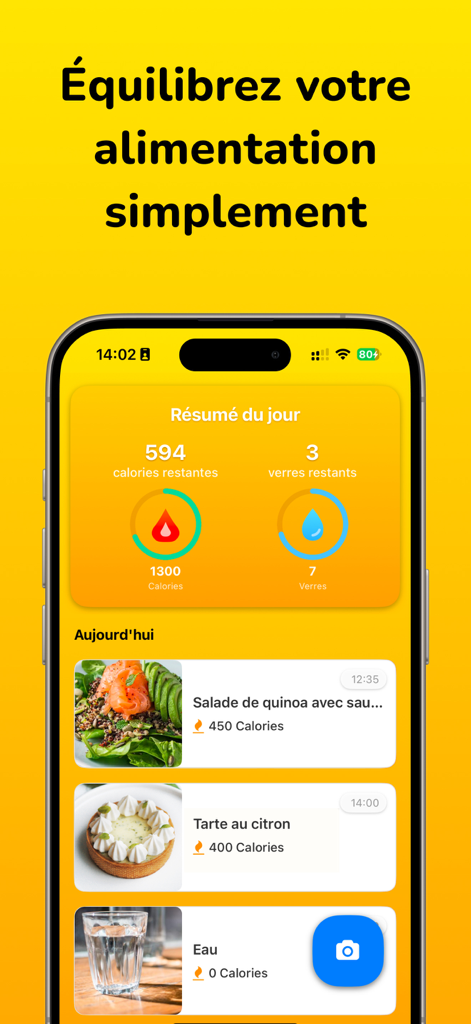 Zesty - Photo Calories - Panel de la aplicación Zesty mostrando el rastreo diario de calorías y agua con registros de alimentos recientes.