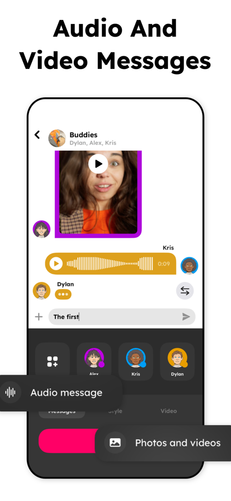 TextingStory app interface displaying video and audio message features in a group chat simulation