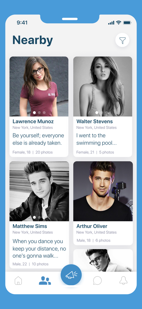 JustChill - Meet new people - JustChill app interface showing a grid of profiles of people nearby with photos and bios.