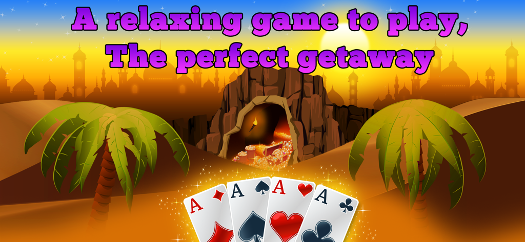 Banner promocional de Forty Thieves Solitaire Gold con tema de Las Mil y Una Noches que presenta una cueva del tesoro del desierto y cartas de juego