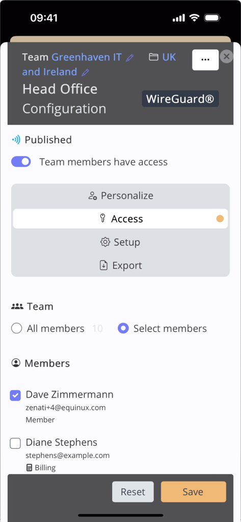 Team access management interface for a WireGuard VPN configuration in the VPN Tracker app