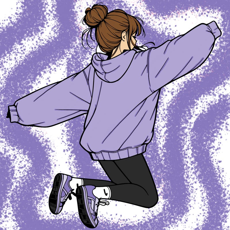 realistic girl jumping with a bun and oversized sweatshirt