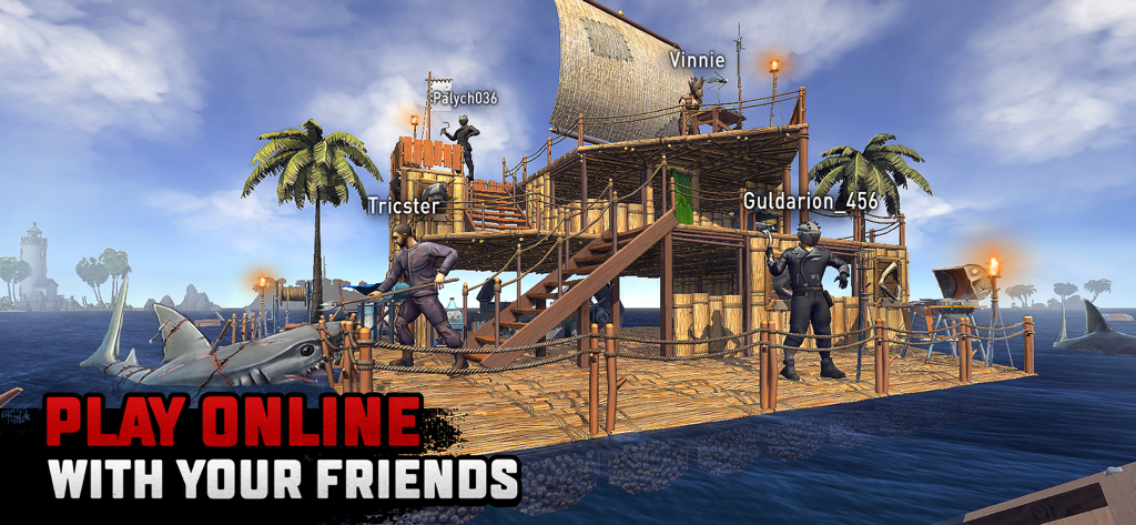 Raft® Survival: Multiplayer - Un grupo de jugadores en una balsa de madera de varios pisos defendiéndose de un ataque de tiburón en el océano