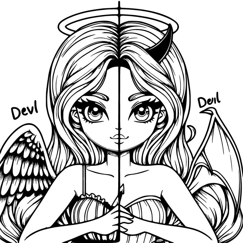 detailed realistic girl  angel versus devil split