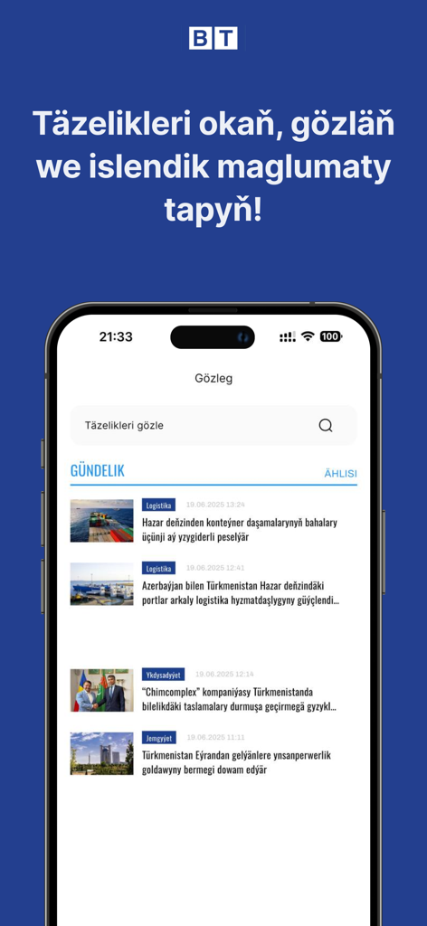 Biznes Türkmenistan - Biznes Turkmenistan mobile app interface displaying a daily news feed with logistics and economic articles