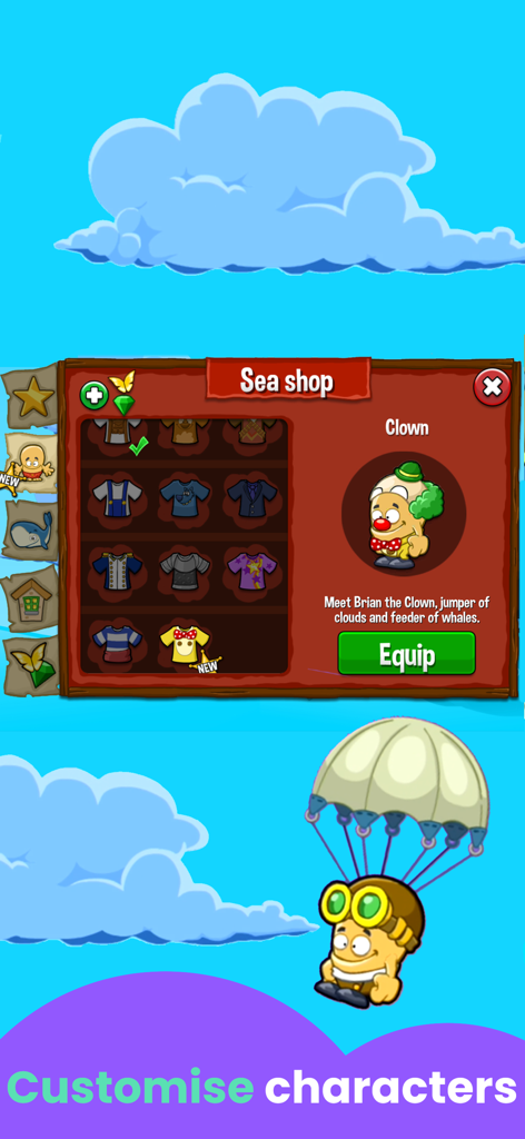 Jumping Games for Kids - Character customization screen in Jumping Games for Kids showing character outfits and a parachuting figure