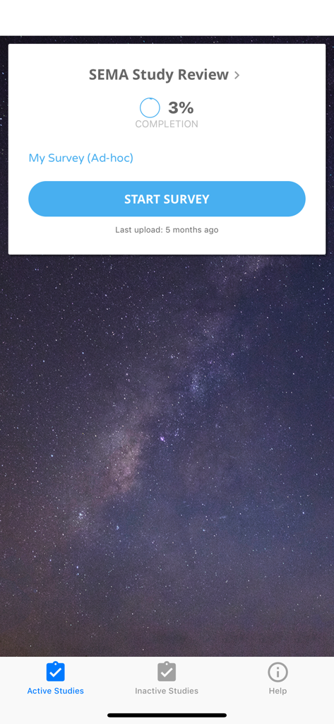 SEMA3 - SEMA3 app interface showing a study review with a three percent completion status and a button to start a survey over a starry sky background