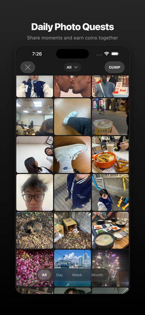 Peeps - For Friends & Couples - Uma galeria em grade de fotos compartilhadas pelo usuário na seção Missões Fotográficas Diárias do aplicativo Peeps.