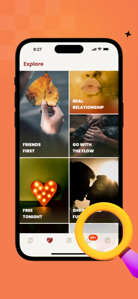 Jonna - Jonna app explore screen with social discovery categories like friends first and real relationship