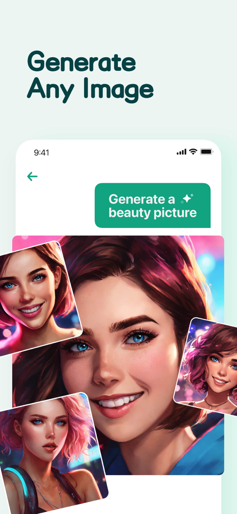 Interfaz de la aplicación Chatbox mostrando retratos generados por IA a partir de una indicación de texto