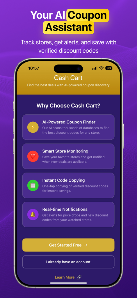 Cash Cart AI Coupon Finder - Interfaz de la aplicación Cash Cart AI que muestra las características principales como buscador de cupones impulsado por IA y monitoreo inteligente de tiendas.