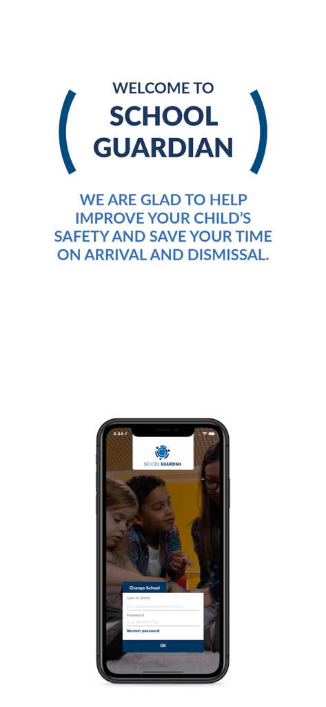 School Guardian - School Guardian app welcome screen with login interface on a mobile device