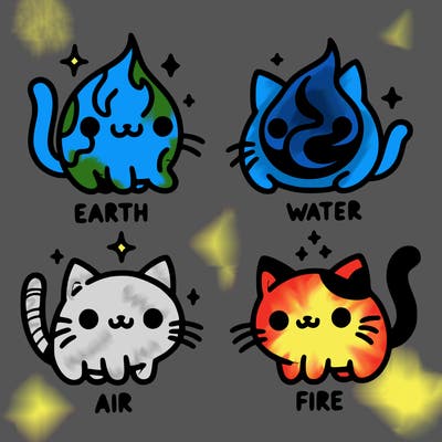 4 cats that represent the different elements, earth, water, air, and fire