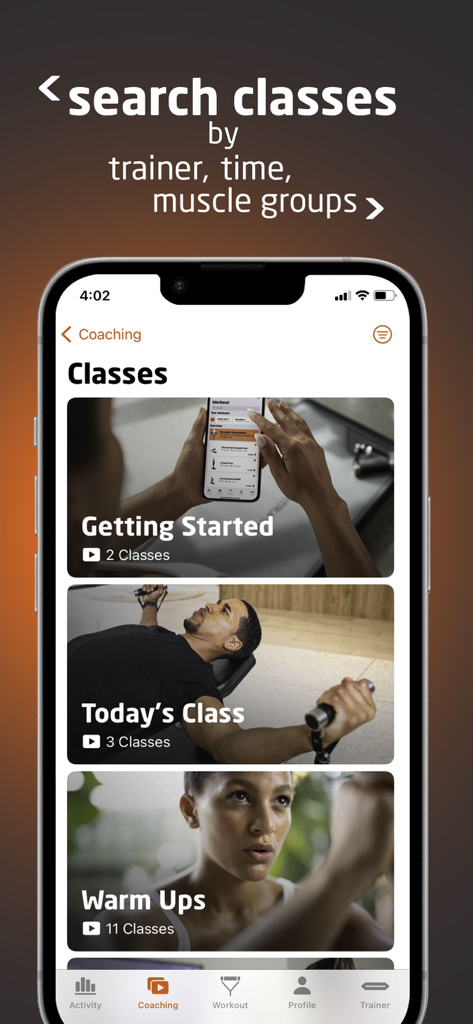 Vitruvian App Coaching-Oberfläche mit Trainingskursen wie Erste Schritte und Aufwärmen