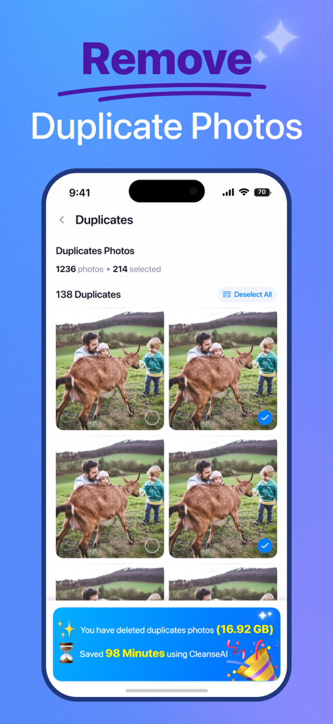 Cleanse AI－Phone, Mail Cleaner - Interfaz de la aplicación Cleanse AI que muestra la herramienta de eliminación de fotos duplicadas con resumen de ahorro de almacenamiento y tiempo