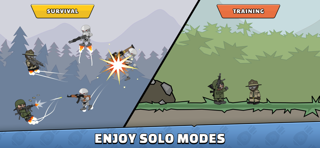 Mini Militia Doodle Army 2のスクリーンショット。サバイバルとトレーニングのソロゲームモードを強調している。