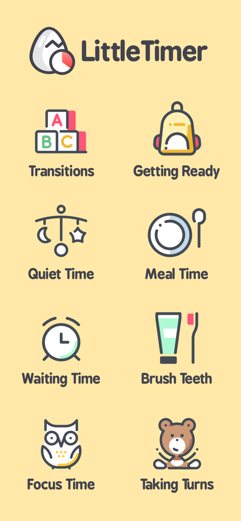 Little Timer Hatch Countdown - A menu of icons representing daily child routines such as brushing teeth and getting ready in the Little Timer app