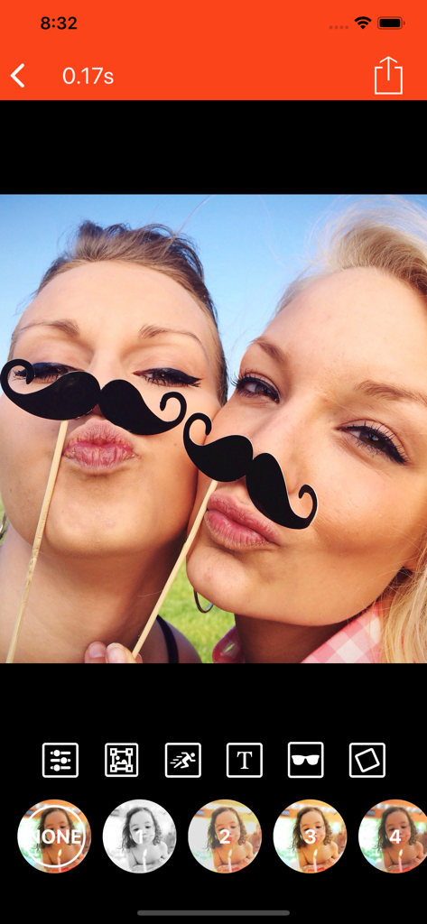 Gif Me Camera app interface with fun photo filters and stickers