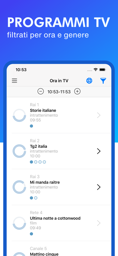 Italian TV guide app interface showing current programs and schedules for Rai and Mediaset channels