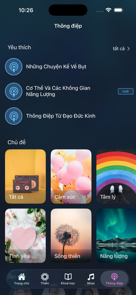 The messages and topics screen of the Thiền Đương Đại meditation app in Vietnamese.