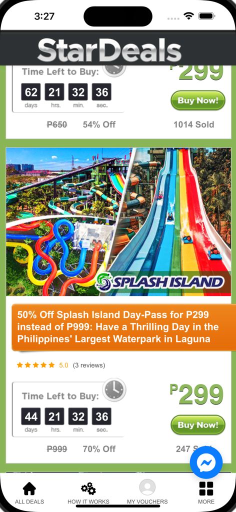 Screenshot of the StarDeals app featuring a 50 percent discount deal for Splash Island waterpark in Laguna