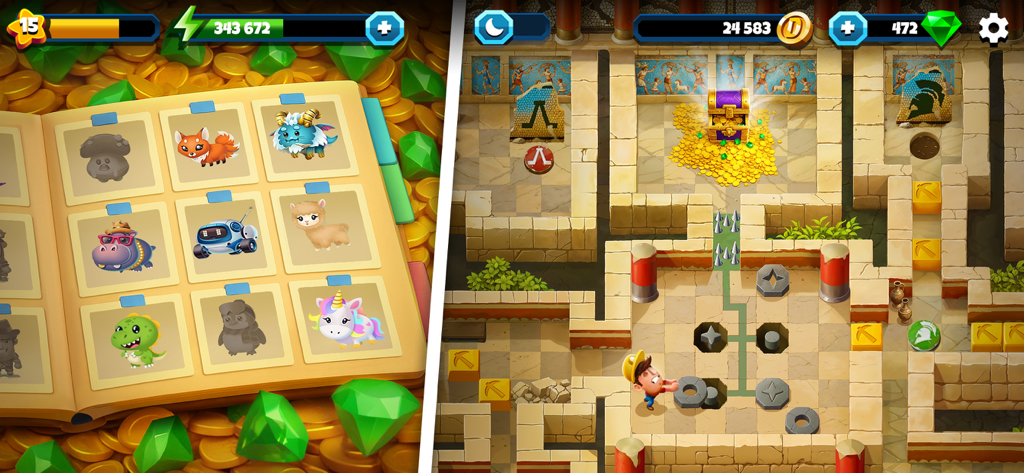 Diggy's Adventure Quest - Split screen showing a character collection book and a maze puzzle in an ancient temple from Diggy's Adventure Quest.
