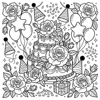Get ready to celebrate with this delightful coloring page featuring elegant Grandiflora roses intertwined with a festive birthday party scene. You'll find a beautiful cake, balloons, and confetti, all waiting for your creative touch to bring them to life.