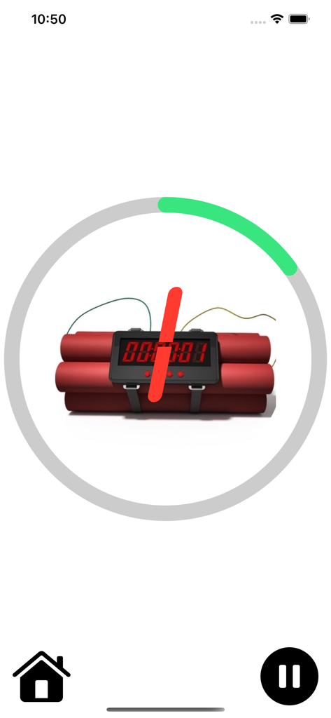 폭탄 타이머 앱 인터페이스, 다이너마이트 번들 카운트다운 시계와 녹색 진행 링이 특징