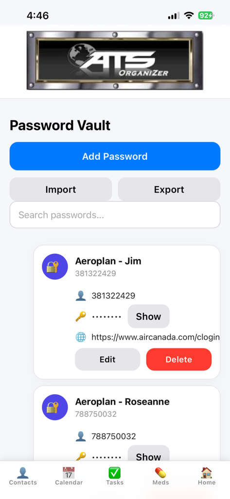 ats-organizer-app - Secure offline password vault screen in the ATS OrganiZer productivity app showing saved credentials and management options.
