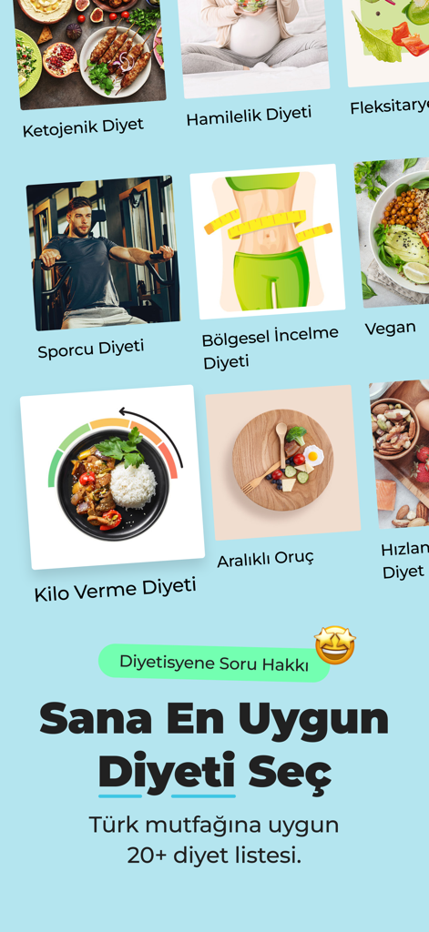 Variedade de planos de dieta especializados disponíveis no aplicativo Diyetkolik, incluindo opções cetogênicas e de jejum intermitente