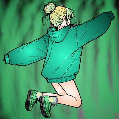 realistic girl jumping with a bun and oversized sweatshirt