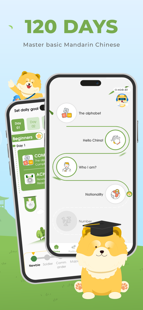 HeyChina App-Oberfläche, die eine spielerische 120-Tage-Lern-Roadmap für Mandarin-Anfänger anzeigt.