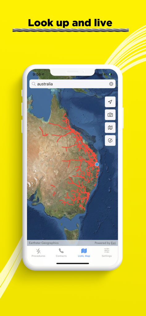 Look up and Live - Look up and Live app interface displaying an interactive map of Australia with red lines indicating overhead powerline locations for site safety planning.