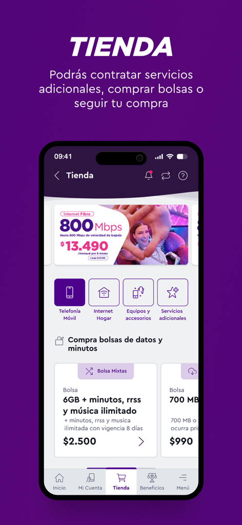 WOM Chile mobile App-Store-Bildschirm mit Datenplan-Optionen und Heim-Internetdiensten