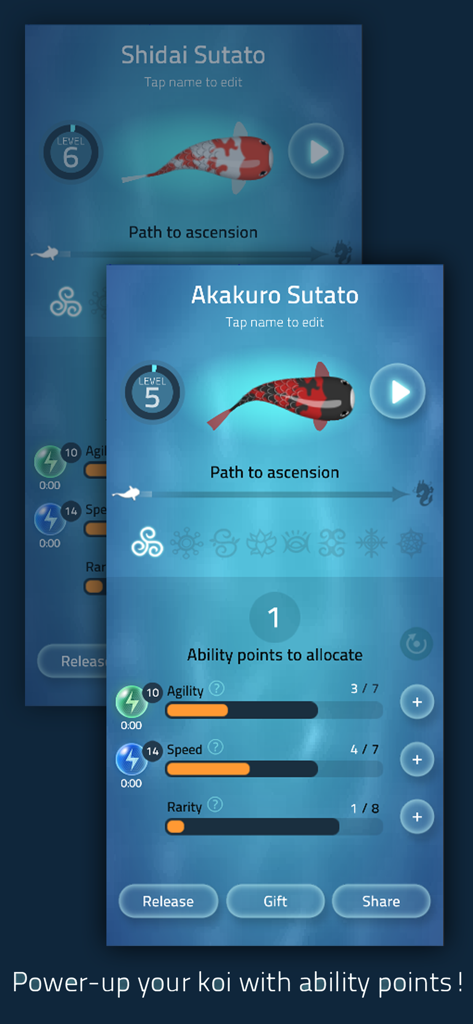 Zen Koi Classic - A screenshot of Zen Koi Classic showing fish profiles where players can allocate ability points to agility and speed stats.