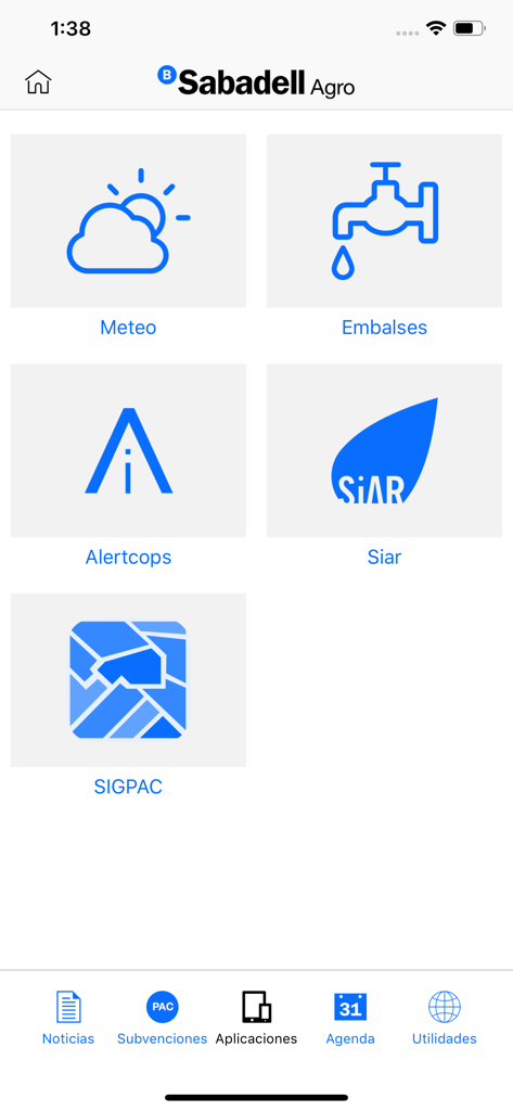 BS Agro - Écran de l'application BS Agro affichant des icônes pour les utilitaires de météo, de surveillance des réservoirs et de cartographie des terres.