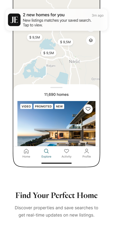 JamesEdition: Luxury Homes - Interfaccia dell'app JamesEdition che mostra annunci di immobili di lusso su una mappa con notifica di nuova proprietà.
