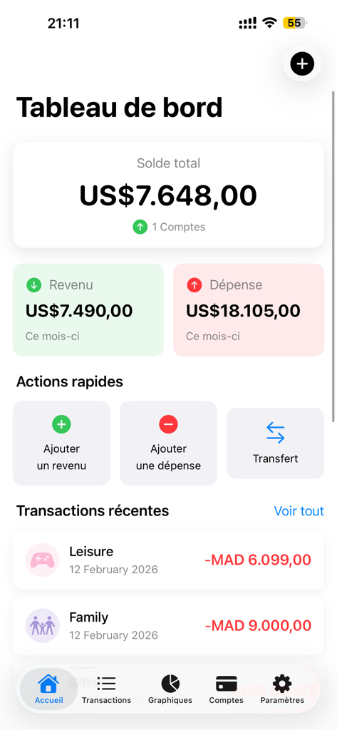 Spending tracker-Every Dollar - Painel financeiro do aplicativo Rastreador de Despesas - Cada Dólar mostrando saldo, receita e despesas.