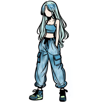 girl in baggy pants crop top and long hair