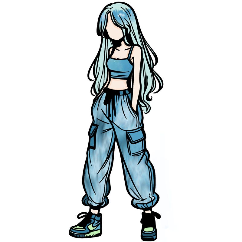 girl in baggy pants crop top and long hair